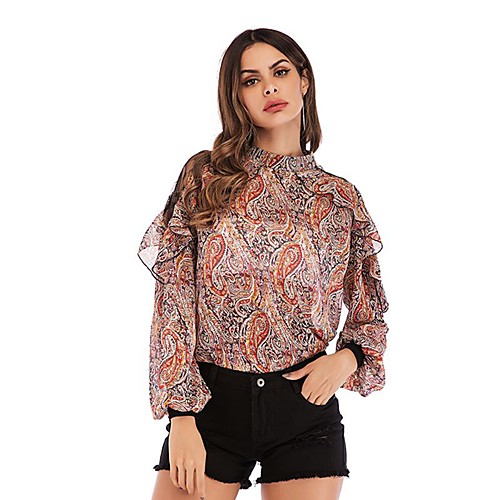 

Women's Blouse Shirt Graphic Prints Long Sleeve Ruffle Round Neck Basic Tops Red