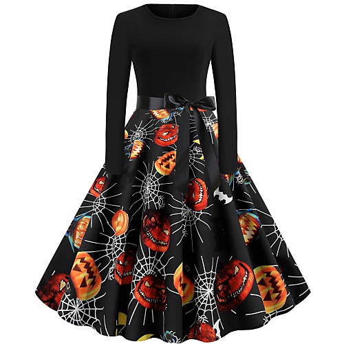 

Women's Halloween A Line Dress Knee Length Dress Blue Wine Black Long Sleeve Pumpkin Spider Print Bow Print Fall Round Neck Hot Vintage Slim 2021 S M L XL XXL