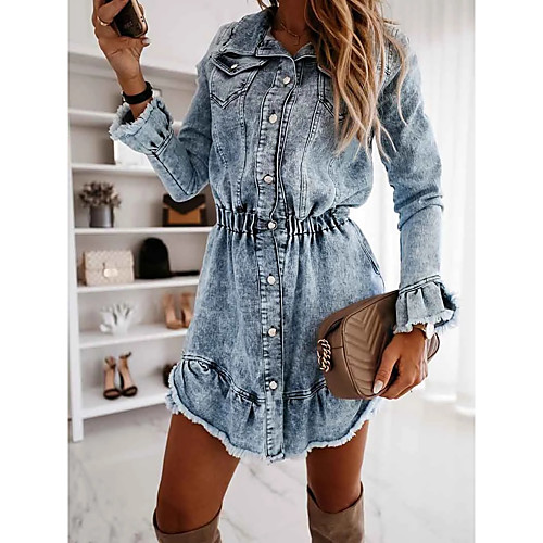 

Women's Denim Shirt Dress Knee Length Dress Dusty Blue Long Sleeve Solid Color Tassel Fringe Fall Spring Shirt Collar Hot Elegant Casual 2021 S M L XL XXL 3XL / Cotton / Cotton