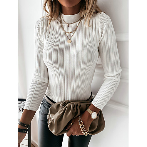 

Women's Knitted Solid Color Plain Pullover Long Sleeve Sweater Cardigans Crew Neck Round Neck Fall White Army Green