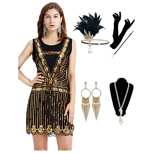 

The Great Gatsby 1920s Vintage Vacation Dress Flapper Dress Outfits Masquerade Prom Dress Women's Costume Golden Vintage Cosplay Party Prom / Gloves / Headwear / Necklace / Earrings / Cigarette Stick