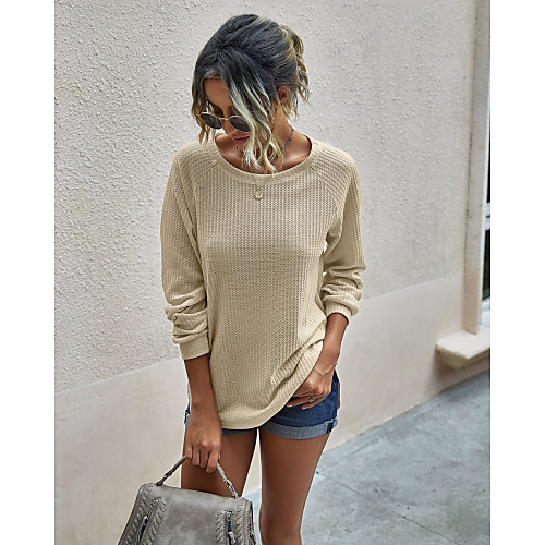 

Women's Basic Knitted Solid Color Plain Pullover Long Sleeve Sweater Cardigans Crew Neck Round Neck Fall Winter Black Blushing Pink Army Green