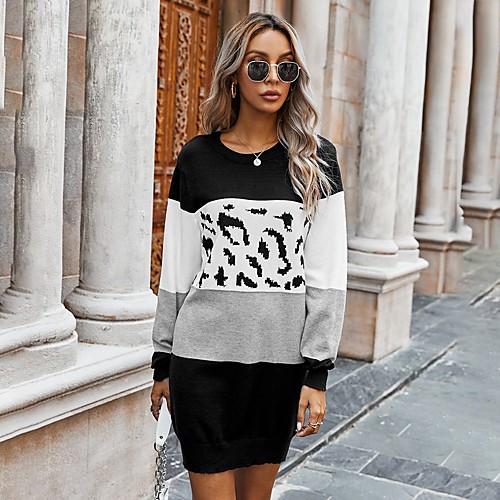 

Women's Basic Knitted Color Block Dress Long Sleeve Sweater Cardigans Crew Neck Round Neck Fall Black Purple Orange