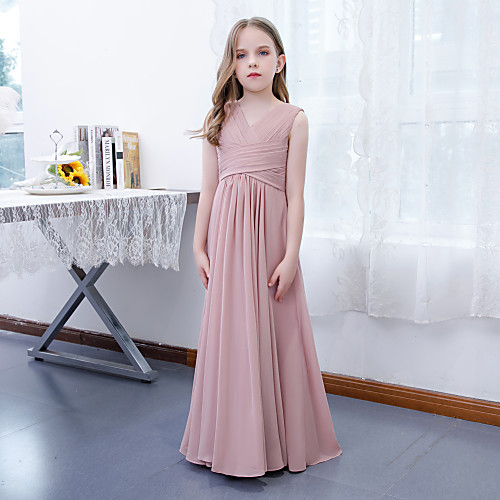 

A-Line Floor Length Junior Bridesmaid Dress Party Chiffon Sleeveless Jewel Neck with Pleats