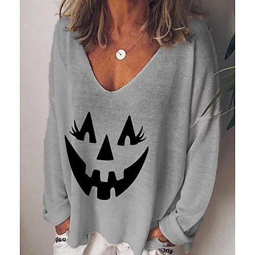 

Women's Halloween T shirt Graphic Graphic Prints Pumpkin Long Sleeve Print V Neck Basic Tops White Black Blue