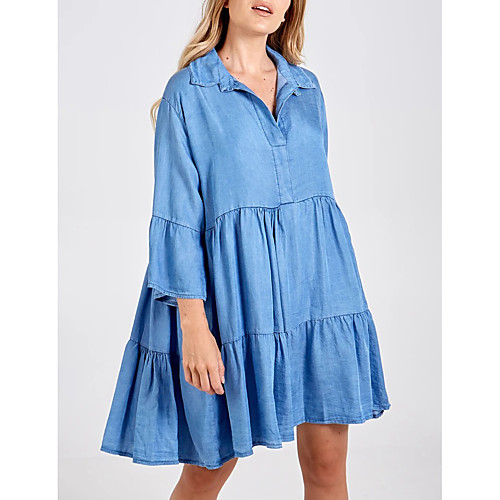 

Women's Denim Dress Knee Length Dress Royal Blue Light Blue 3/4 Length Sleeve Solid Color Layered Ruched Fall Shirt Collar Elegant Casual Going out Oversized 2021 S M L XXL 3XL / Cotton / Cotton