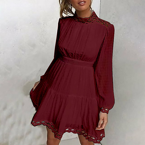 

Women's A Line Dress Knee Length Dress Wine White Black Long Sleeve Solid Color Mesh Fall Round Neck Casual 2021 S M L XL / Cotton / Cotton