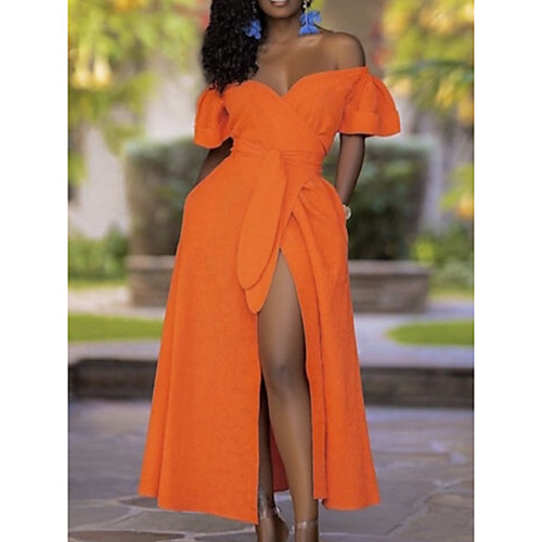 

Women's A Line Dress Maxi long Dress Orange Short Sleeve Solid Color Fall Off Shoulder Elegant Party 2021 S M L XL XXL 3XL