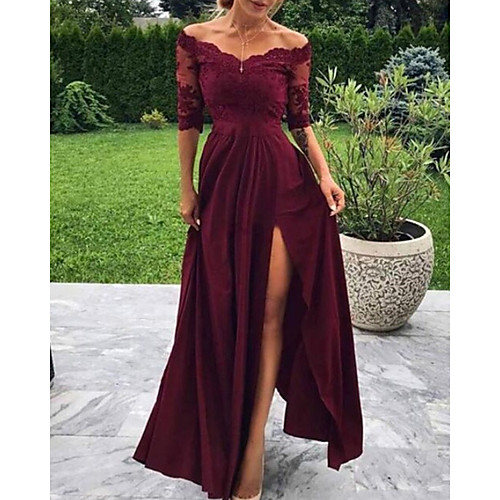 

A-Line Minimalist Sexy Wedding Guest Formal Evening Dress Off Shoulder Half Sleeve Floor Length Charmeuse with Pleats Split Appliques 2021
