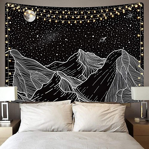 

Sketch Wall Tapestry Art Decor Blanket Curtain Hanging Home Bedroom Living Room Decoration Trippy Mountain Landscape Moon Star Black and White