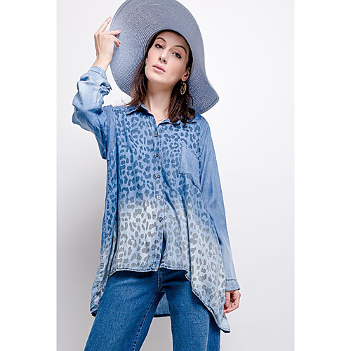 

Women's Plus Size Blouse Denim Shirt Shirt Color Gradient Leopard Cheetah Print Long Sleeve Patchwork Shirt Collar Elegant Tops 100% Cotton Blue