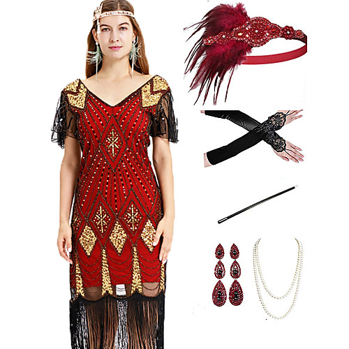 

The Great Gatsby 1920s Vintage Vacation Dress Flapper Dress Outfits Masquerade Prom Dress Women's Tassel Fringe Costume Red Vintage Cosplay Party Prom / Gloves / Headwear / Necklace / Earrings