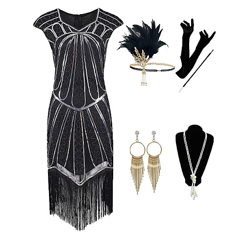 

The Great Gatsby 1920s Vintage Vacation Dress Flapper Dress Outfits Masquerade Prom Dress Women's Tassel Fringe Costume Black Vintage Cosplay Party Prom / Gloves / Headwear / Necklace / Earrings