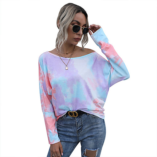 

Women's T shirt Tie Dye Long Sleeve One Shoulder Basic Tops Purple Orange