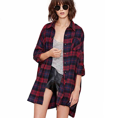 

Women's Blouse Shirt Plaid Check Long Sleeve Shirt Collar Basic Tops Red