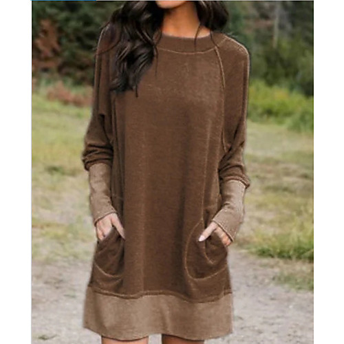 

Women's Shift Dress Short Mini Dress Gray Khaki Green Dusty Blue Light gray Black Red Long Sleeve Solid Color Color Block Patchwork Fall Winter Round Neck Hot Casual Loose 2021 S M L XL XXL 3XL 4XL