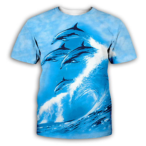 

Men's T shirt Shirt 3D Print Graphic Print Short Sleeve Party Tops Exaggerated Round Neck Light Blue