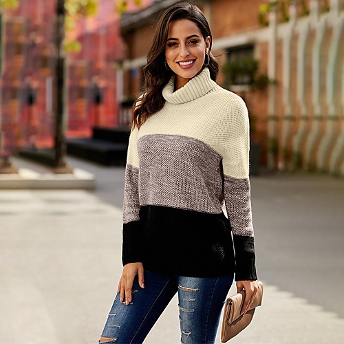 

Women's Basic Knitted Color Block Pullover Long Sleeve Sweater Cardigans Turtleneck Fall Winter Black Brown Gray