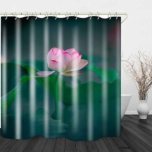 

Green lotus leaf Pink Iotus Digital Printing Shower Curtain Shower Curtains Hooks Modern Polyester New Design