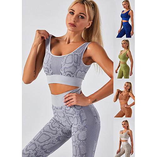 

Women's 2pcs Yoga Suit Winter Seamless Wireless Snake Skin Gray Khaki Green Nylon Yoga Fitness Gym Workout High Waist Leggings Bra Top Clothing Suit Sport Activewear Tummy Control Butt Lift 4 Way