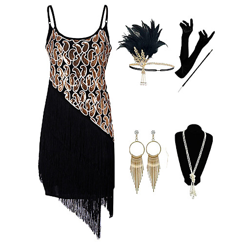 

The Great Gatsby 1920s Vintage Vacation Dress Flapper Dress Outfits Masquerade Prom Dress Women's Tassel Fringe Costume Golden / Black Vintage Cosplay Party Prom / Gloves / Headwear / Necklace