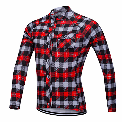 

21Grams Men's Long Sleeve Cycling Jersey Winter Polyester Red Blue Plaid Checkered Bike Jersey Top Mountain Bike MTB Road Bike Cycling UV Resistant Quick Dry Breathable Sports Clothing Apparel