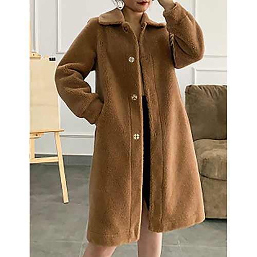 

Women's Coat Daily Fall & Winter Regular Coat Loose Basic Jacket Long Sleeve Solid Colored Brown Beige / Faux Fur