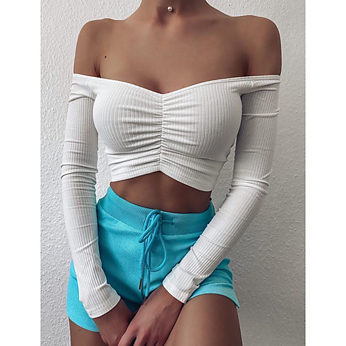 

Women's Blouse Shirt Solid Colored Long Sleeve Backless Patchwork V Neck Basic Tops White Black Blushing Pink / Crop