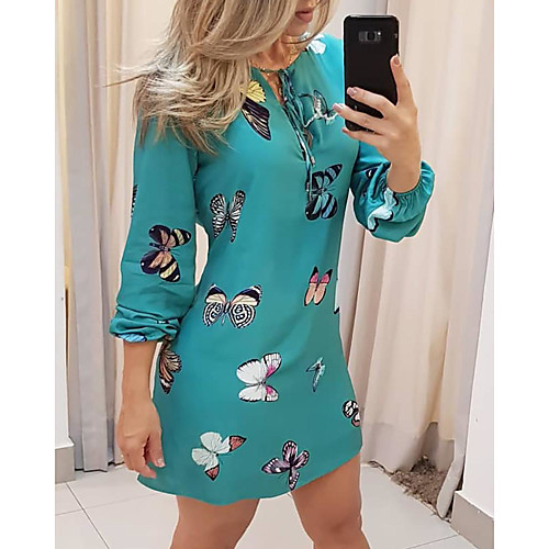 

Women's A Line Dress Short Mini Dress Blue Green Dusty Blue Black Beige Long Sleeve Print Print Fall V Neck Casual 2021 S M L XL