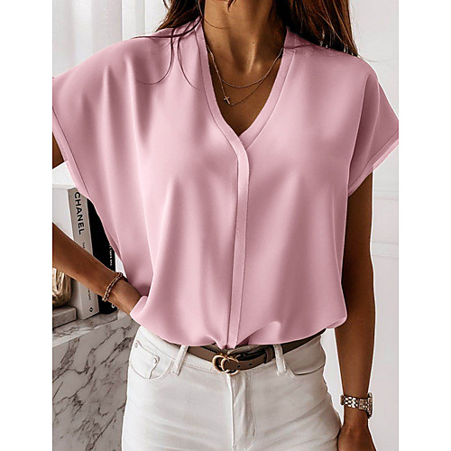 

Women's Blouse Shirt Solid Colored V Neck Tops Blushing Pink