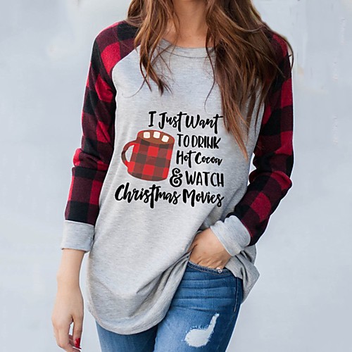 

Women's Christmas T shirt Plaid Graphic Prints Long Sleeve Print Round Neck Tops Basic Christmas Basic Top Black Red Gray