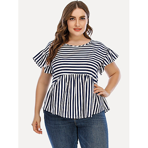 

Women's Blouse Shirt Striped Patchwork Round Neck Basic Tops Navy Blue