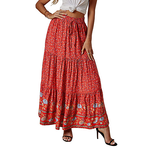 

Women's Casual / Daily Boho Skirts Floral Ruched Patchwork Print Blue Red Rainbow