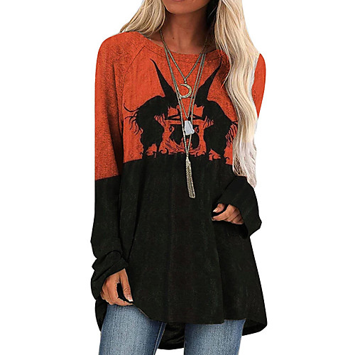 

Women's Halloween T shirt Graphic Graphic Prints Long Sleeve Print Round Neck Basic Halloween Tops Orange Green