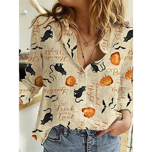 

Women's Halloween Blouse Shirt Animal Long Sleeve Print V Neck Basic Halloween Tops Khaki Orange