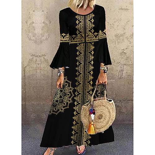 

Women's Shift Dress Maxi long Dress Black 3/4 Length Sleeve Print Print Fall Spring Round Neck Casual vacation dresses Flare Cuff Sleeve 2021 M L XL XXL 3XL