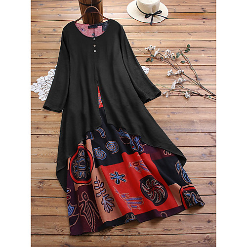 

Women's Plus Size Swing Dress Maxi long Dress Black Orange Long Sleeve Print Patchwork Fall Summer Round Neck Hot Casual 2021 L XL XXL 3XL 4XL 5XL