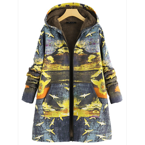 

Women's Parka Regular Coat Loose Jacket Floral Blue Yellow