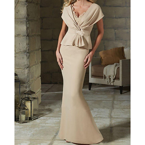 

Sheath / Column Mother of the Bride Dress Elegant V Neck Floor Length Satin Short Sleeve with Ruffles Crystal Brooch Ruching 2021
