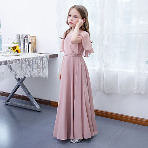 

A-Line Floor Length Junior Bridesmaid Dress Party Chiffon Short Sleeve Jewel Neck with Ruffles