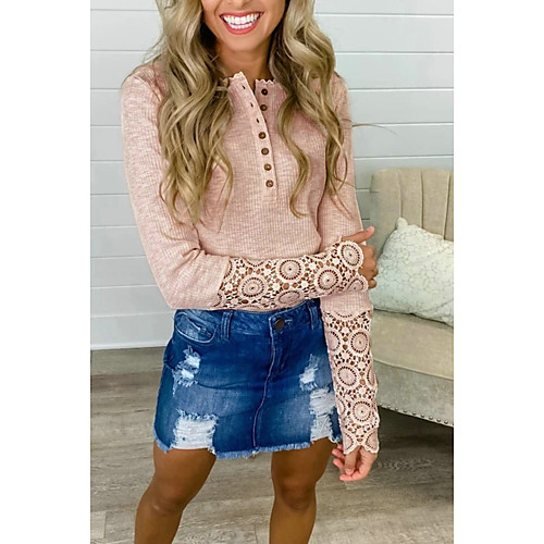 

Women's Blouse Shirt Solid Colored Long Sleeve Lace Patchwork Round Neck Basic Tops White Black Blushing Pink