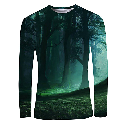 

Men's T shirt Shirt 3D Print Graphic Scenery Print Long Sleeve Daily Tops Basic Elegant Round Neck Green