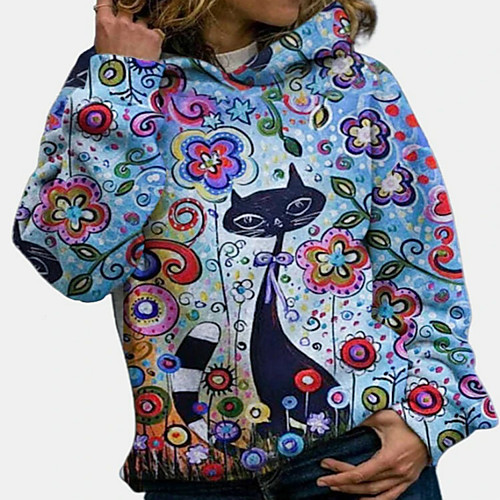 

Women's Hoodie Pullover Cat Daily Other Prints Casual Hoodies Sweatshirts Cotton Loose Blue Purple Green