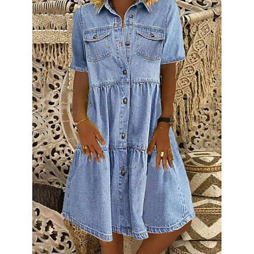 

Women's Denim Shirt Dress Knee Length Dress Blue Dark Blue Short Sleeve Square Ruched Pocket Button Spring Summer Shirt Collar Hot Casual 2021 S M L XL XXL 3XL / 100% Cotton / 100% Cotton