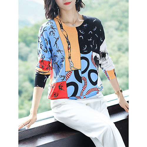 

Women's Plaid Knitted Color Block Pullover Long Sleeve Sweater Cardigans Crew Neck Round Neck Fall Blue Red