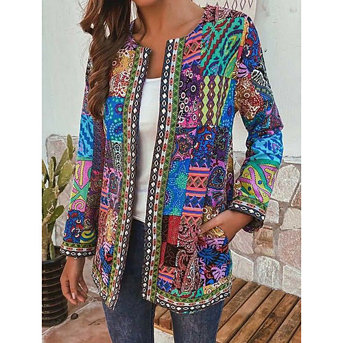 

Women's Coat Daily Fall Spring Regular Coat Regular Fit Vintage Jacket Long Sleeve Color Block Print Dusty Blue Red