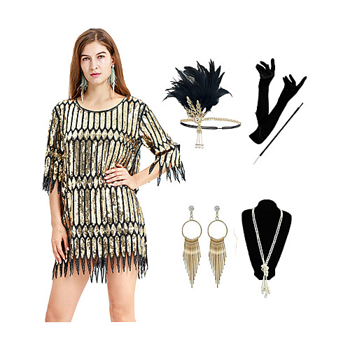 

The Great Gatsby 1920s Vintage Vacation Dress Flapper Dress Outfits Masquerade Women's Tassel Fringe Costume Golden Vintage Cosplay Party Prom / Gloves / Headwear / Necklace / Earrings