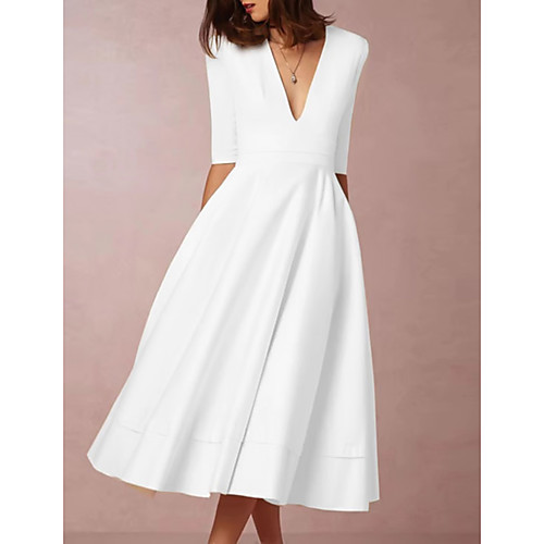 

Women's Swing Dress Midi Dress White Half Sleeve Solid Colored Deep V Hot Elegant S M L XL XXL 3XL