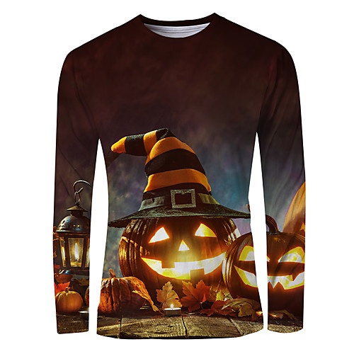 

Men's T shirt Shirt 3D Print Graphic Long Sleeve Halloween Tops Basic Round Neck Orange