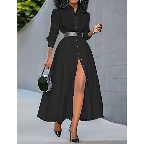 

Women's A Line Dress Maxi long Dress White Black Long Sleeve Solid Color Patchwork Button Spring Summer Shirt Collar Hot Casual Belt Not Included Slim 2021 S M L XL XXL 3XL 4XL 5XL